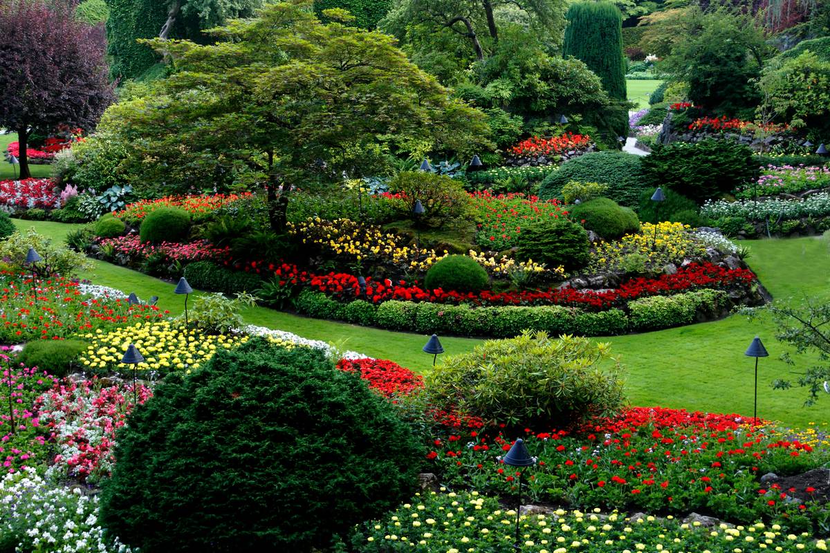garden statue integrated into lawn-to-garden transition showing soil drainage benefit