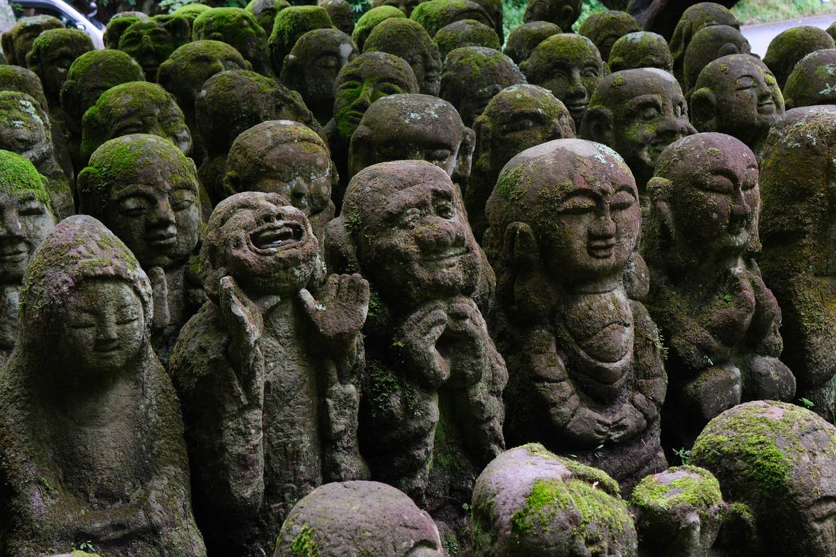 garden statue material how to grow - moss-covered limestone owl thriving in shaded woodland garden